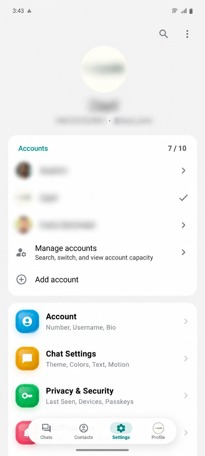 Unigram Mobile account settings with personal details blurred
