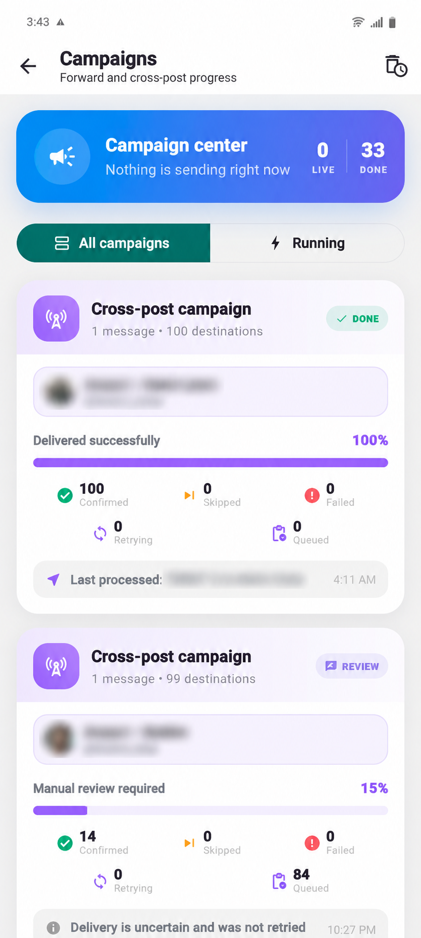 Unigram Mobile campaign center with account details blurred