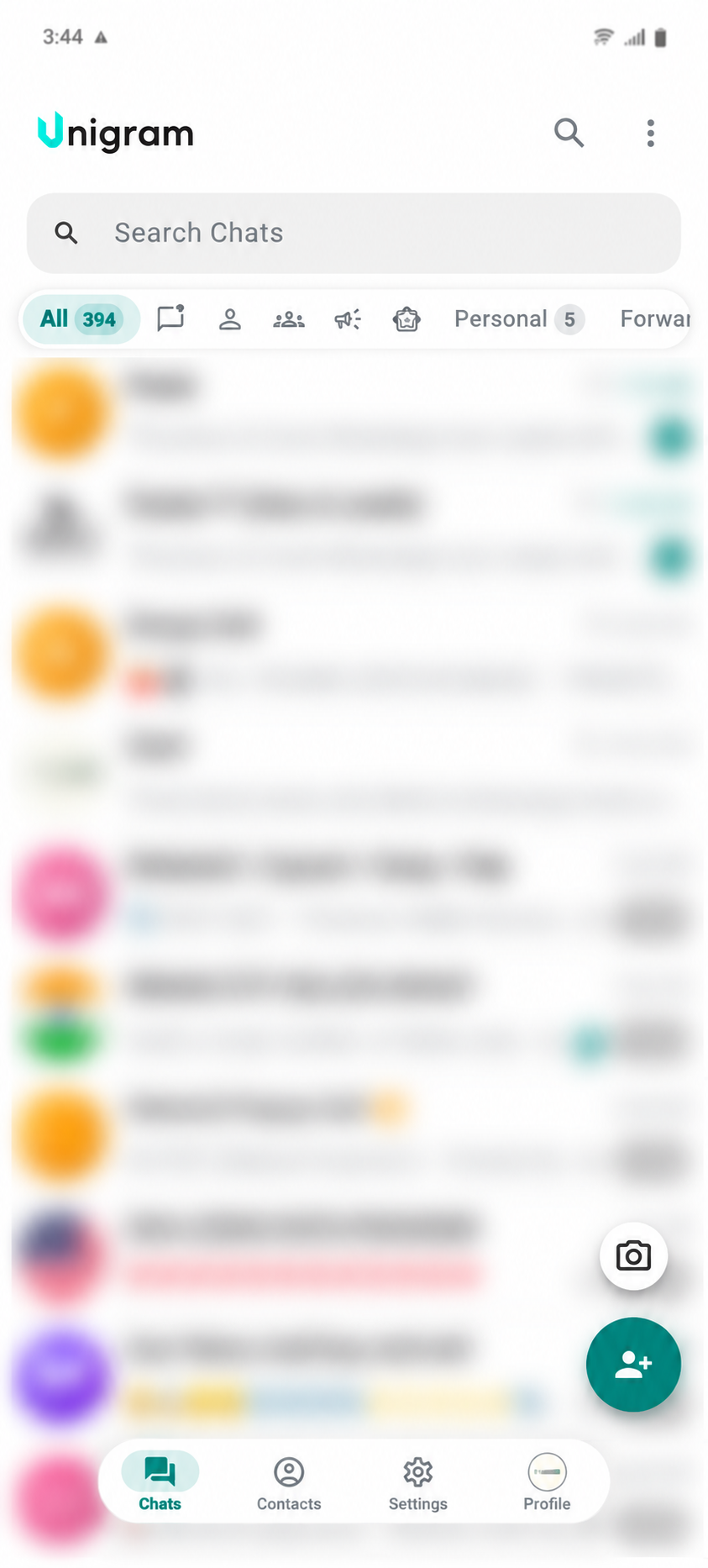 Unigram Mobile chat list with private conversation details blurred
