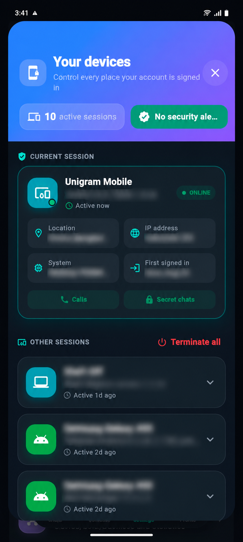Unigram Mobile active devices screen with identifying details blurred